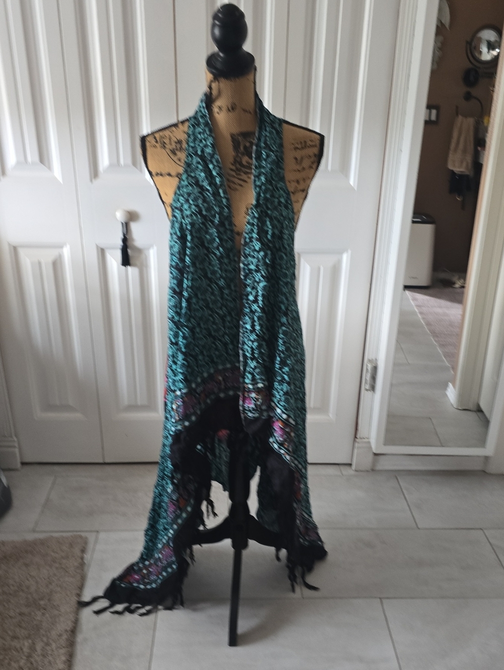 Teal Patterned Tassel Scarf Vest / Swimsuit Cover NWOT with Black Trim